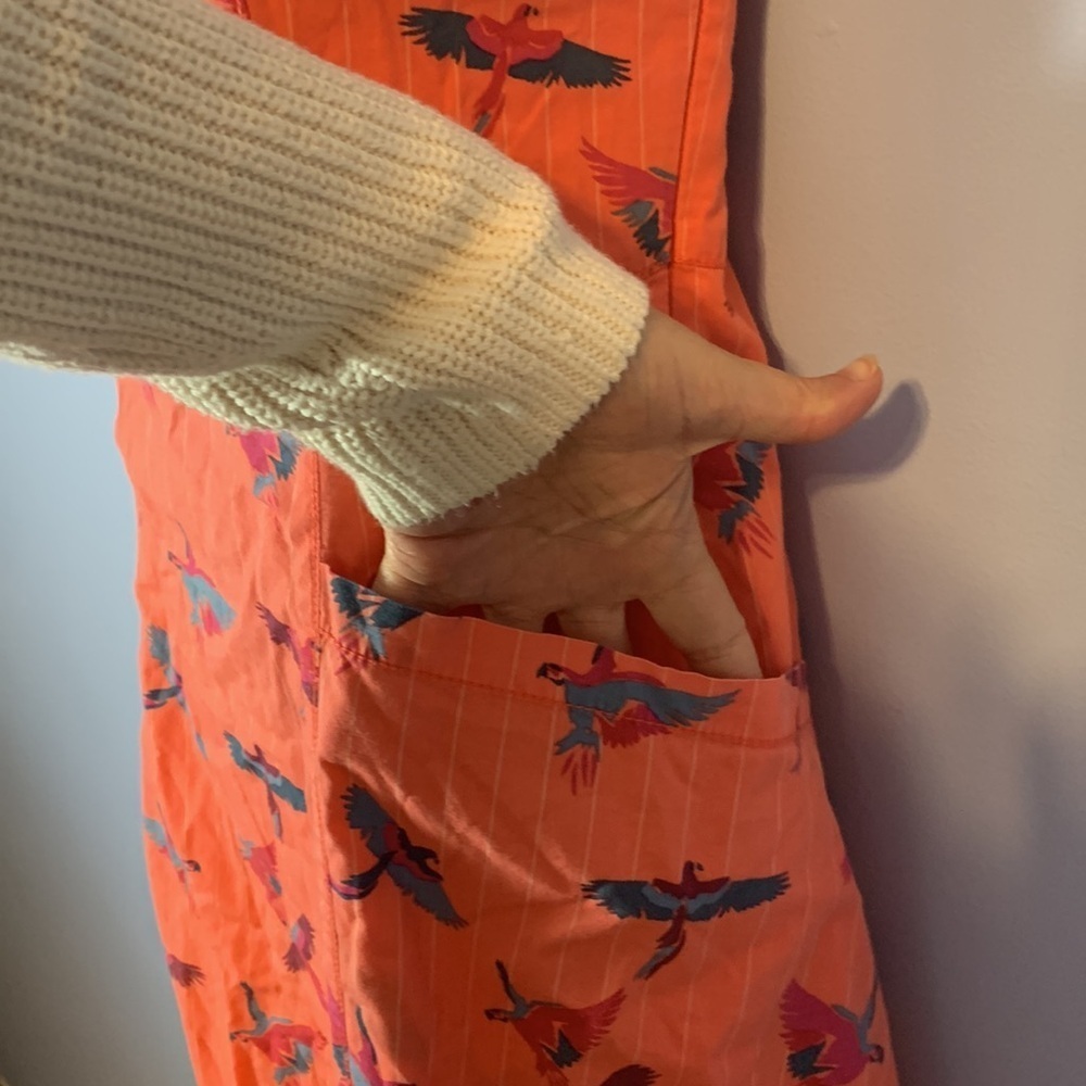 Free people coral pin stripe Orange Parrots bird Print Strapless Dress pockets 6 - Picture 3 of 8